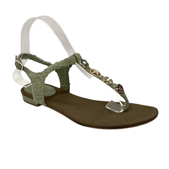 Chanel Tweed Thong Sandals Size 37.5 EU 7.5 US Light Khaki Cruise Charm Rare - Picture 2 of 10